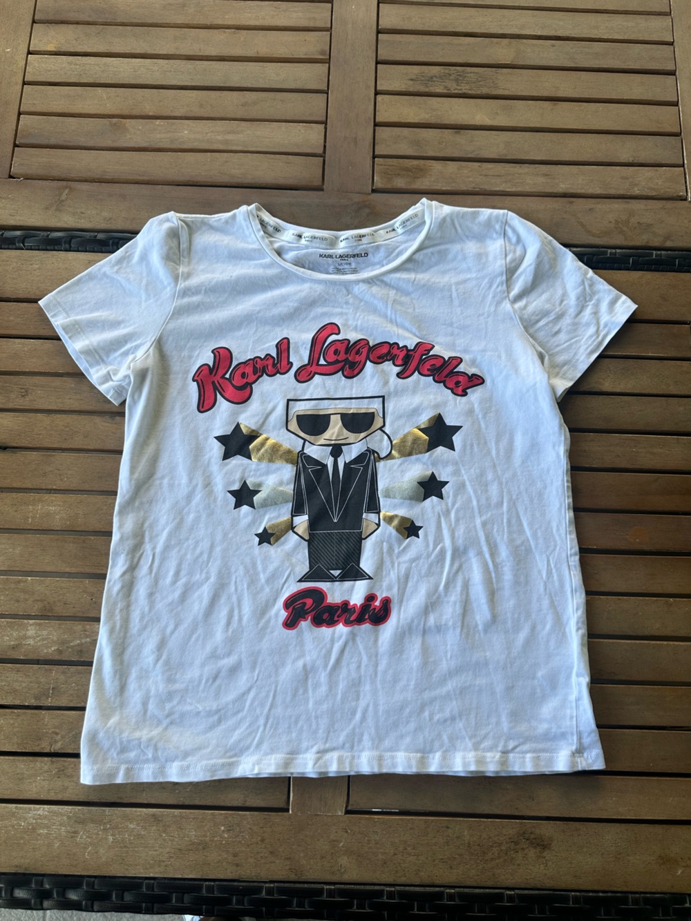 Karl Lagerfeld White Tee with Red Script and Gold Accent